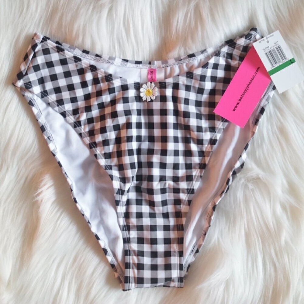 NWT Betsey Johnson High Cut Bikini Bottoms Size Large Black White Gingham Print - Picture 4 of 7